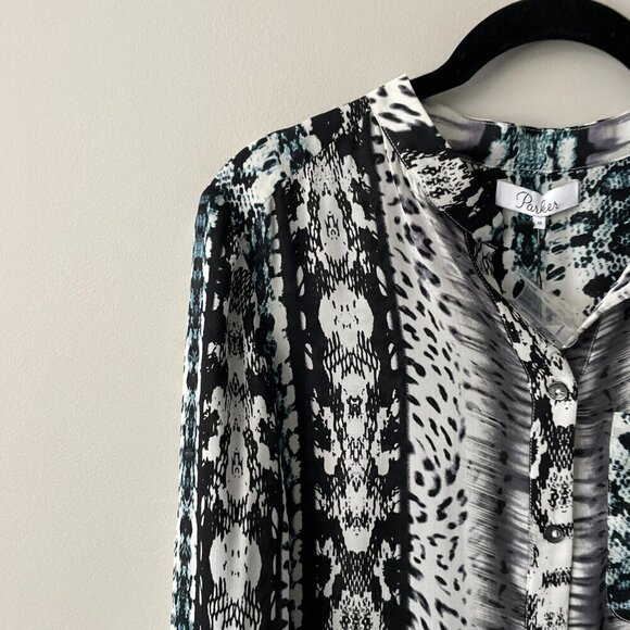 Parker SILK Long Sleeve Patterned Casual Blouse Moccasin Black White Medium NEW - Picture 6 of 12